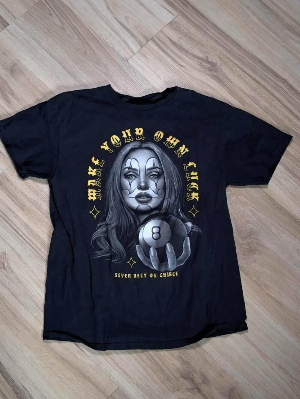 DOM "MAKE YOUR OWN LUCK Never Rely on Chance" Lady 100% Cotton Black Shirt Med